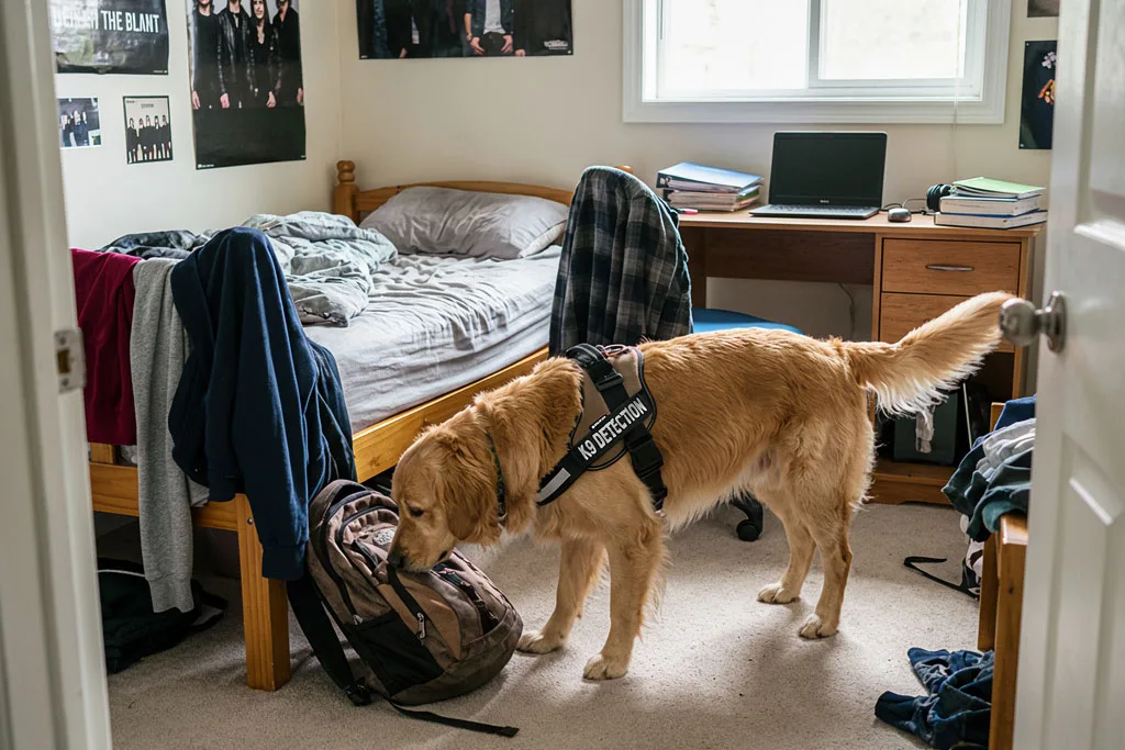 Detection dog checking a backpack in a bedroom